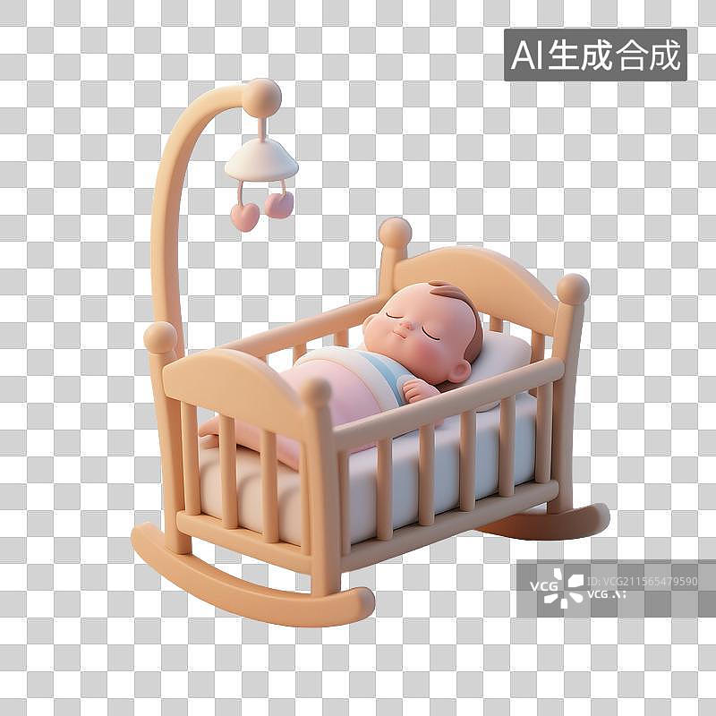 【AI数字艺术】3D渲染可爱的卡通人物，摇篮里的婴儿，婴儿床，新生儿，母婴，免抠元素图片素材