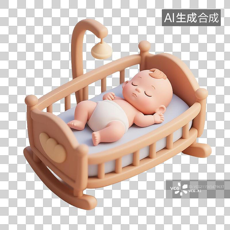 【AI数字艺术】3D渲染可爱的卡通人物，摇篮里的婴儿，婴儿床，新生儿，母婴，免抠元素图片素材