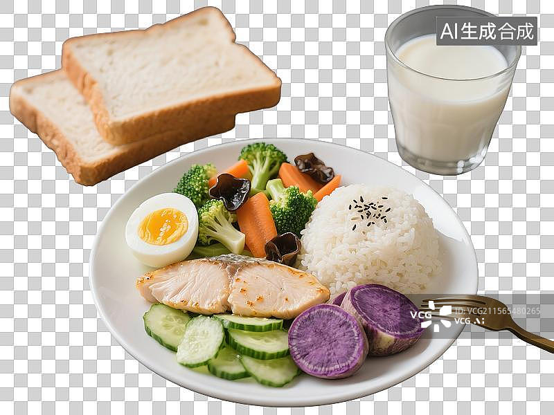 【AI数字艺术】一份减脂餐，瘦身餐，健身餐，面包片，鳕鱼，鸡胸肉，紫薯，西兰花，水煮蛋，免抠元素图片素材