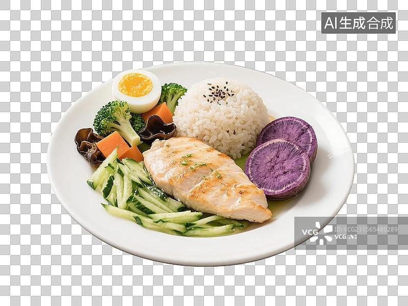 【AI数字艺术】一份减脂餐，瘦身餐，健身餐，面包片，鳕鱼，鸡胸肉，紫薯，西兰花，水煮蛋，免抠元素图片素材