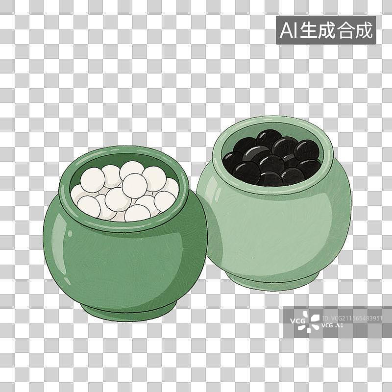 【AI数字艺术】国风手绘插画，围棋，五子棋，棋子，棋盒，装在陶瓷罐子里的围棋，免抠元素图片素材