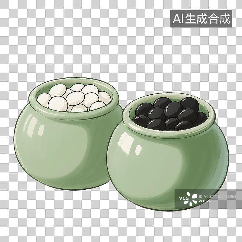 【AI数字艺术】国风手绘插画，围棋，五子棋，棋子，棋盒，装在陶瓷罐子里的围棋，免抠元素图片素材