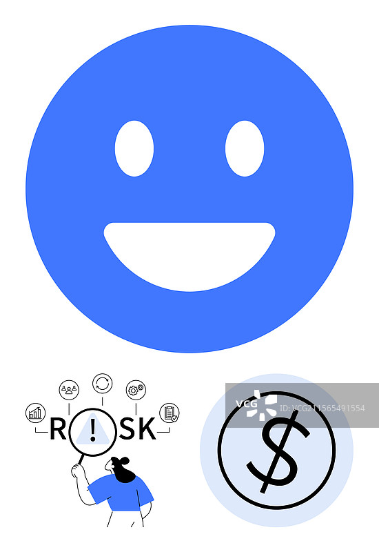 快乐的面孔用放大镜分析风险图片素材