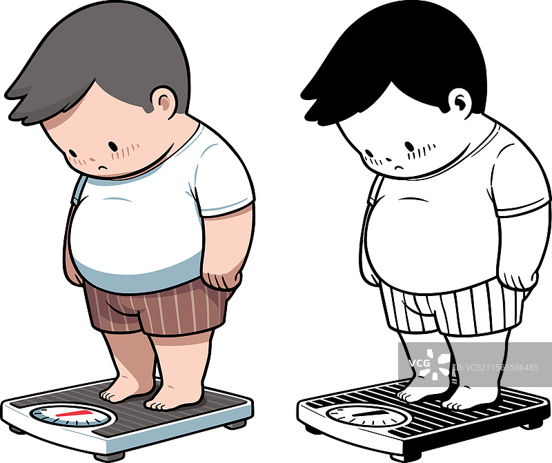 伤心的胖男孩站在秤上图片素材