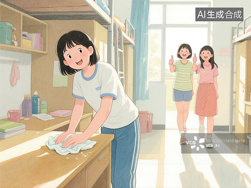 【AI数字艺术】女生宿舍正在打扫卫生的女生，舍友为其点赞图片素材