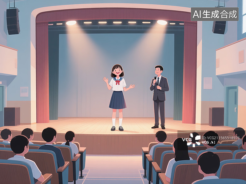 【AI数字艺术】学校礼堂中唱歌或演讲的女生图片素材