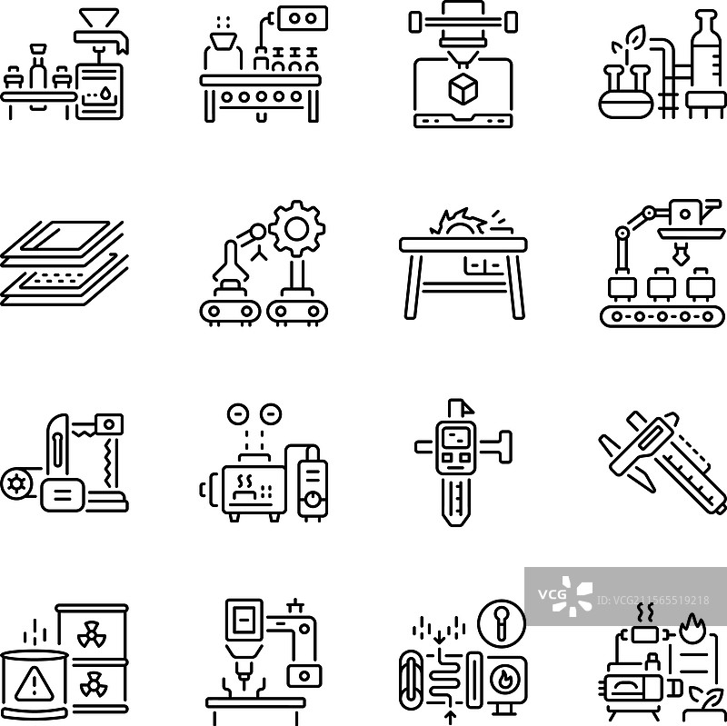 一组16个制造业线性图标图片素材