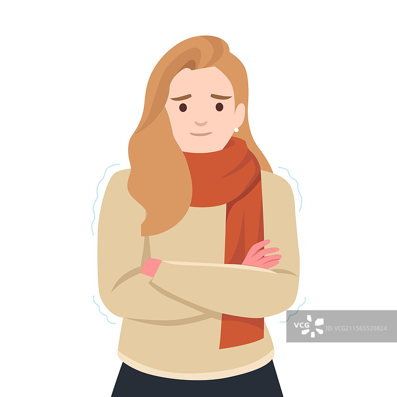 年轻女性在寒冷中颤抖，表现出不适的迹象图片素材