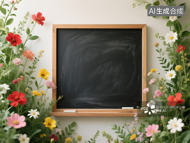 【AI数字艺术】繁花环绕的黑板图片素材