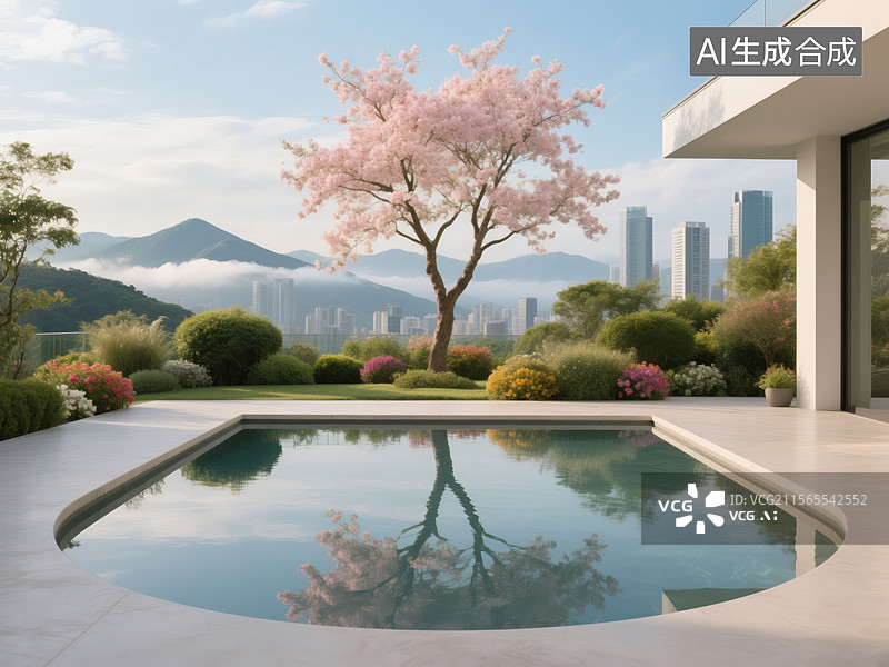 【AI数字艺术】城市旁的宁静自然水景图片素材