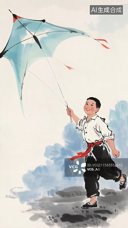 【AI数字艺术】水墨风格放风筝的男孩插画图片素材