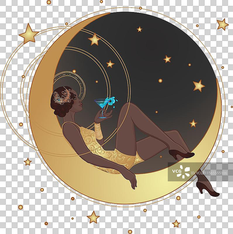 美丽的黑人女性坐在复古纸上图片素材