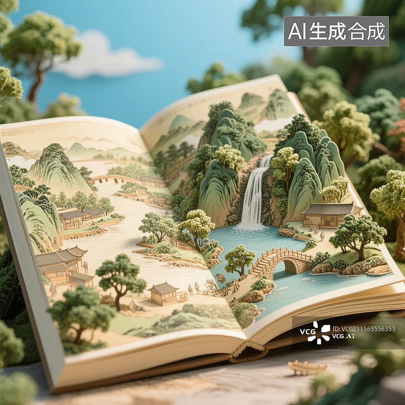 【AI数字艺术】打开的书本中的山水画图片素材