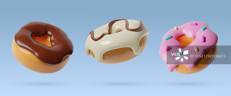 3D甜甜圈食品图标集，三种不同款式图片素材