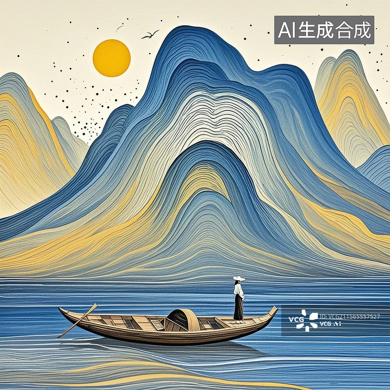【AI数字艺术】山间湖上的小舟图片素材