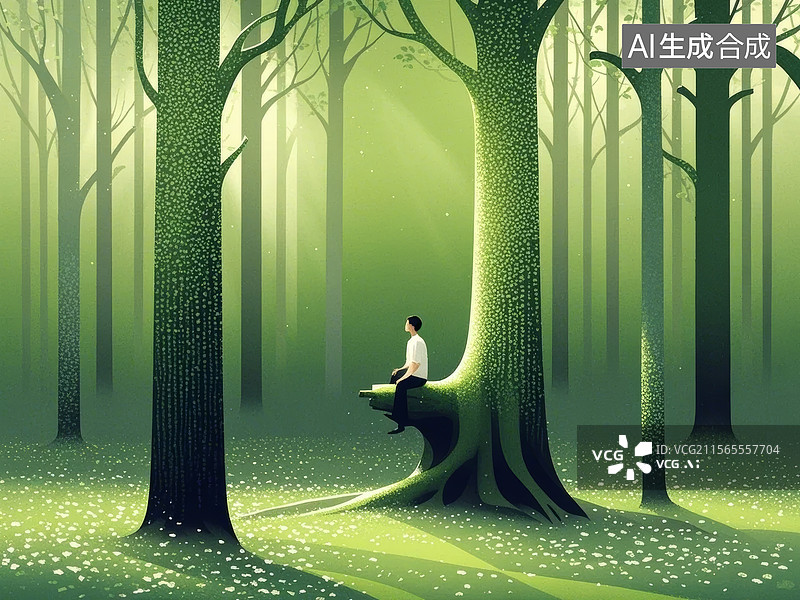 【AI数字艺术】森林中坐在树干上的人图片素材