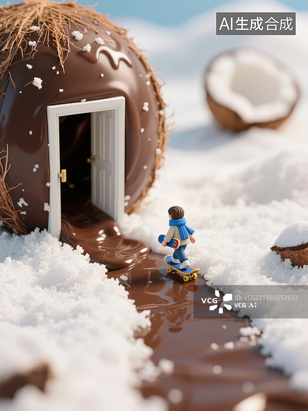 【AI数字艺术】巧克力椰子世界中的滑板小人图片素材