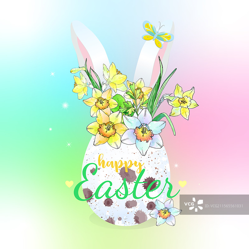 复活节彩蛋与水仙花兔耳朵图片素材