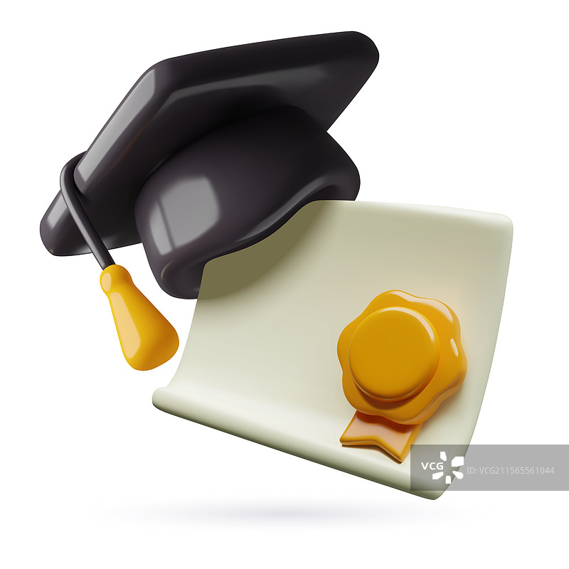 黑色学位帽的3D毕业文凭图标图片素材