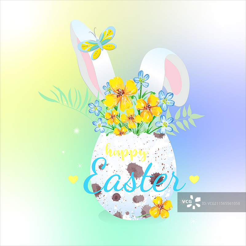 带有野花的复活节彩蛋和兔耳朵图片素材