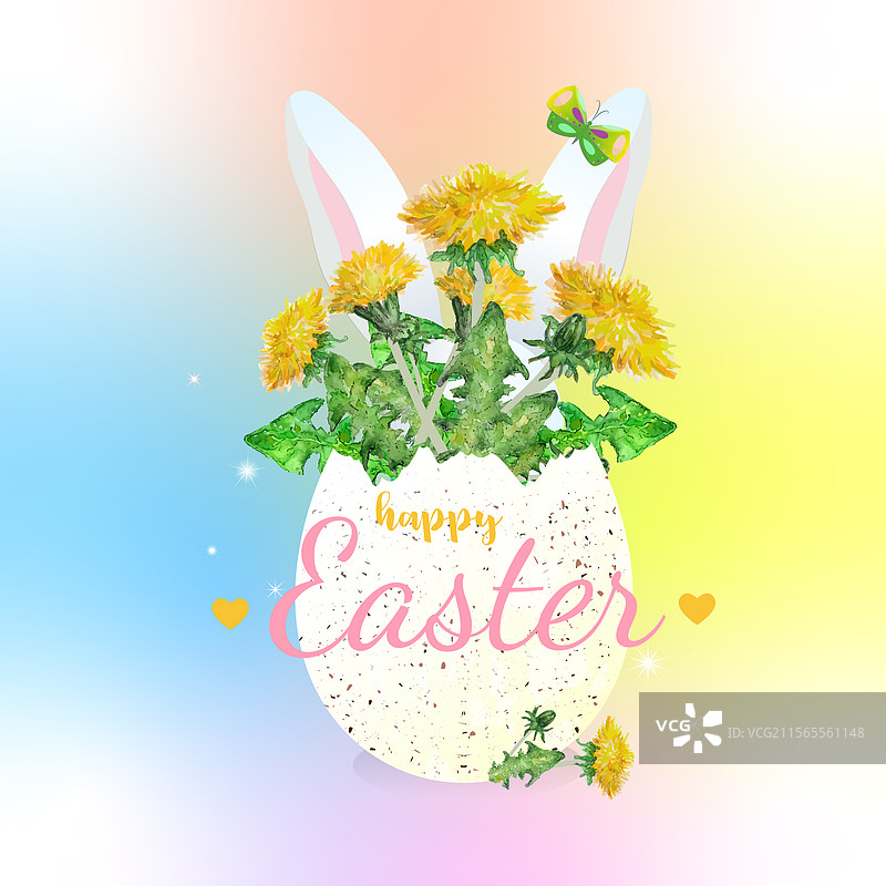 复活节彩蛋与黄色蒲公英兔耳朵图片素材