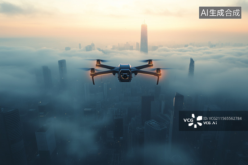 【AI数字艺术】一架无人机在城市高空航拍图片素材