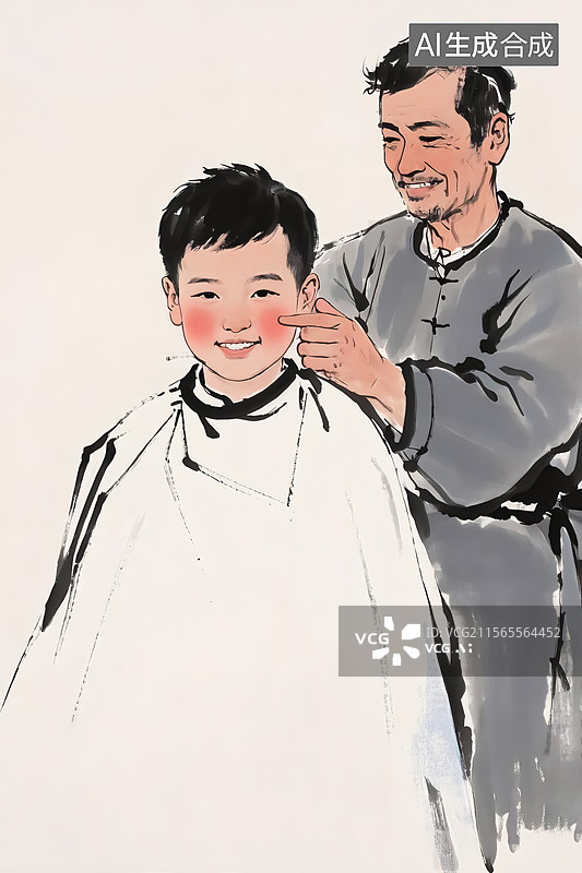 【AI数字艺术】小孩子理发水墨风格插画图片素材