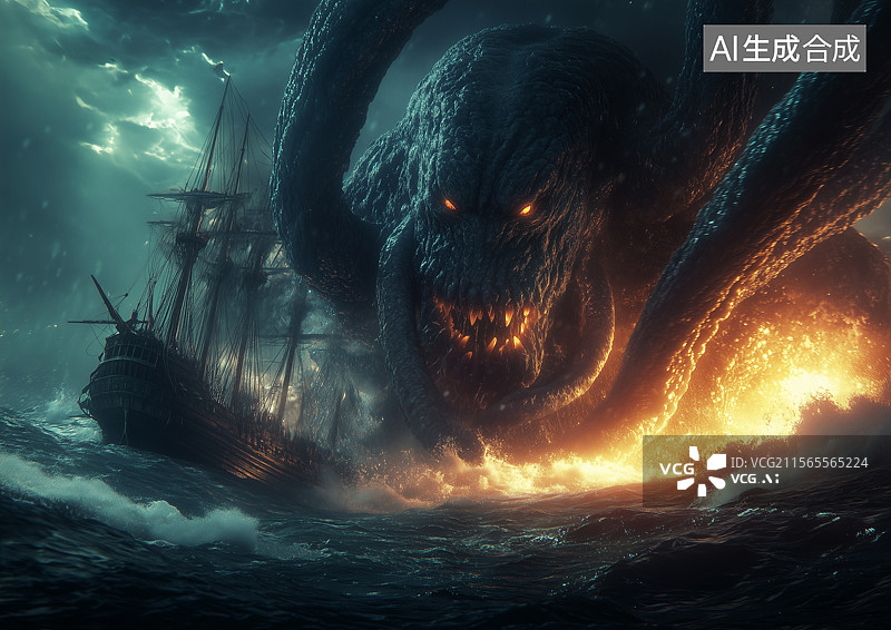 【AI数字艺术】一艘帆船在海面航行遭遇海怪攻击图片素材