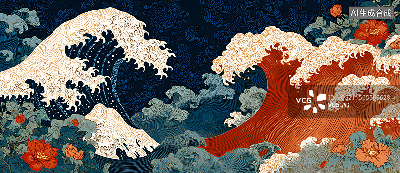 【AI数字艺术】海浪 浮世绘图片素材