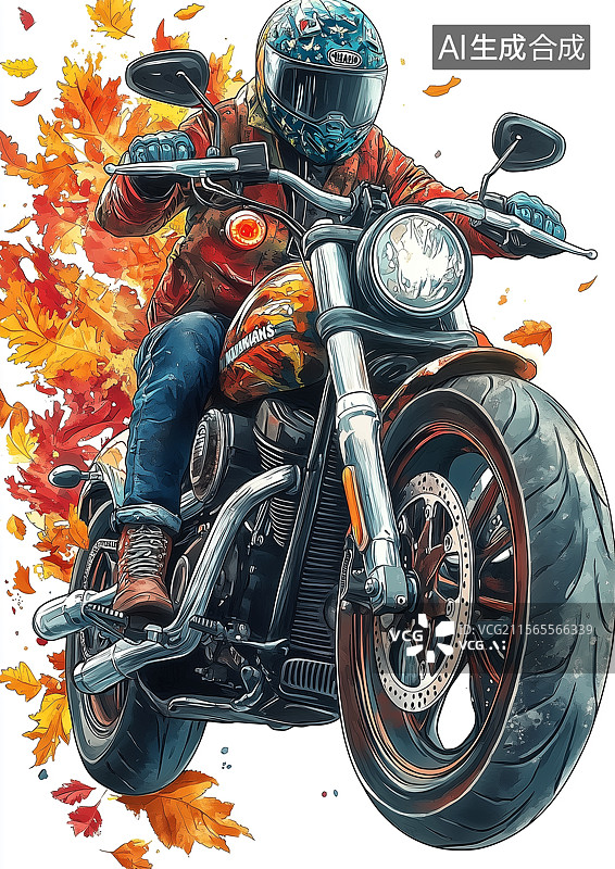 【AI数字艺术】一个骑摩托的骑手水彩插画图片素材