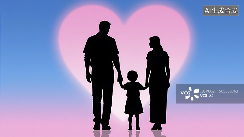 【AI数字艺术】一家三口牵手的爱心背景剪影图图片素材