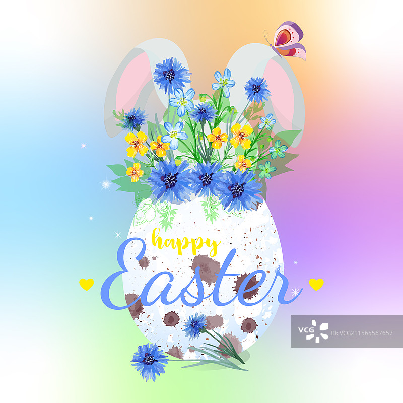 带有矢车菊兔耳的复活节彩蛋图片素材