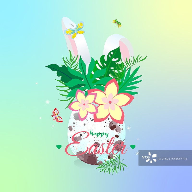 带有热带叶子和花朵的复活节彩蛋图片素材