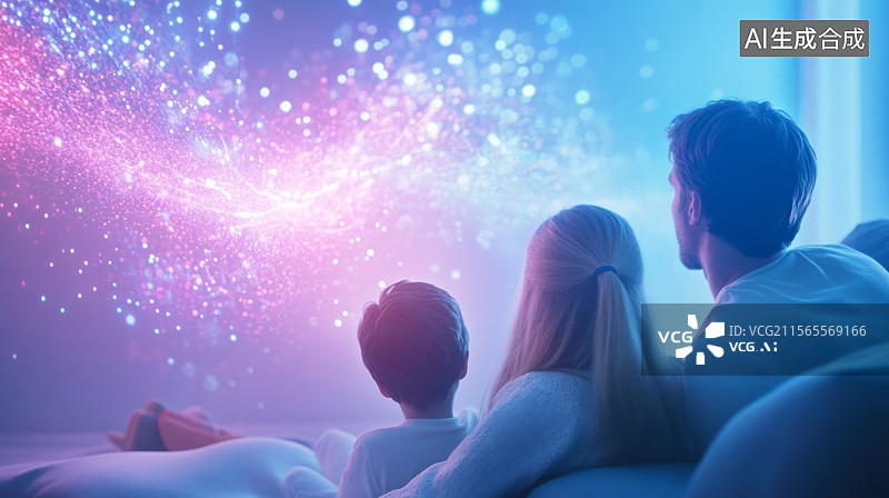 【AI数字艺术】未来家庭影院 一家人围坐在沙发上看全息投影电视图片素材