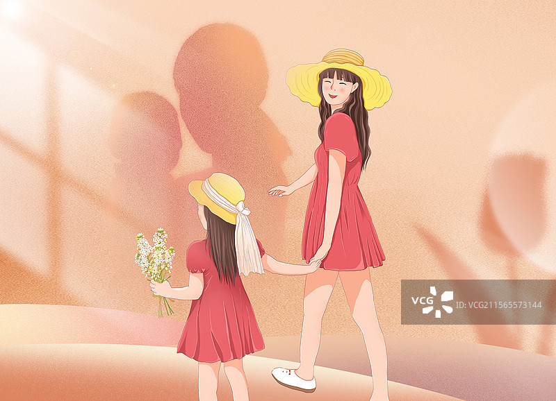 感恩母亲节创意广告插画 穿亲子装的母女 年轻的母女 暖色光影 母亲怀抱婴儿剪影背景 横版图片素材