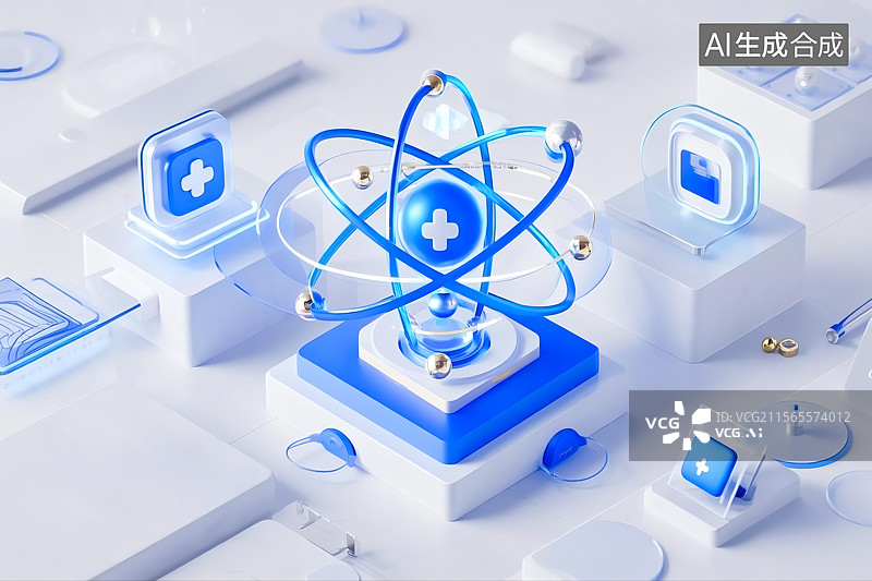【AI数字艺术】3D科技原子模型概念插画图片素材
