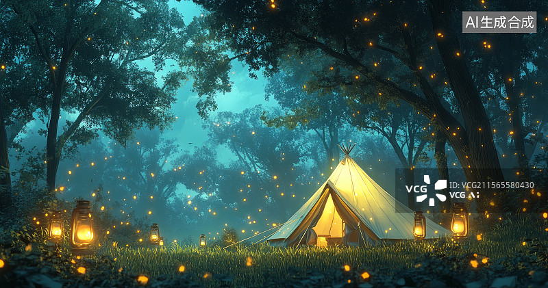 【AI数字艺术】森林中夜晚露营的帐篷图片素材