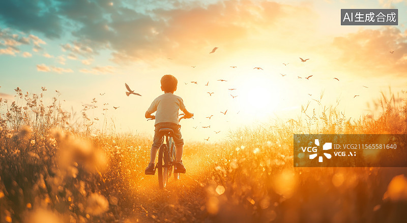 【AI数字艺术】儿童夕阳下骑车剪影图片素材