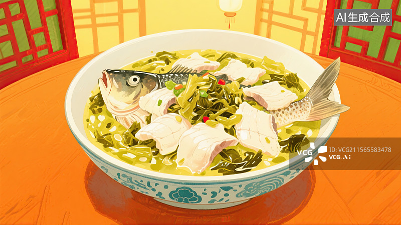 【AI数字艺术】中华美食，酸菜鱼，黑鱼片，酸菜，插画图片素材