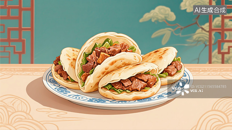 【AI数字艺术】肉夹馍，中华美食，肉，饮食，插画图片素材
