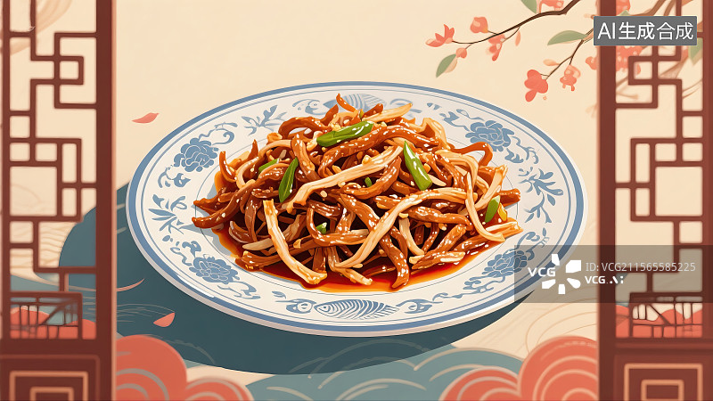 【AI数字艺术】鱼香肉丝，中华美食，健康食物，炒菜，插画图片素材