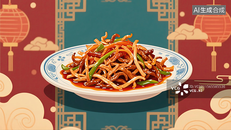 【AI数字艺术】鱼香肉丝，中华美食，健康食物，炒菜，插画图片素材