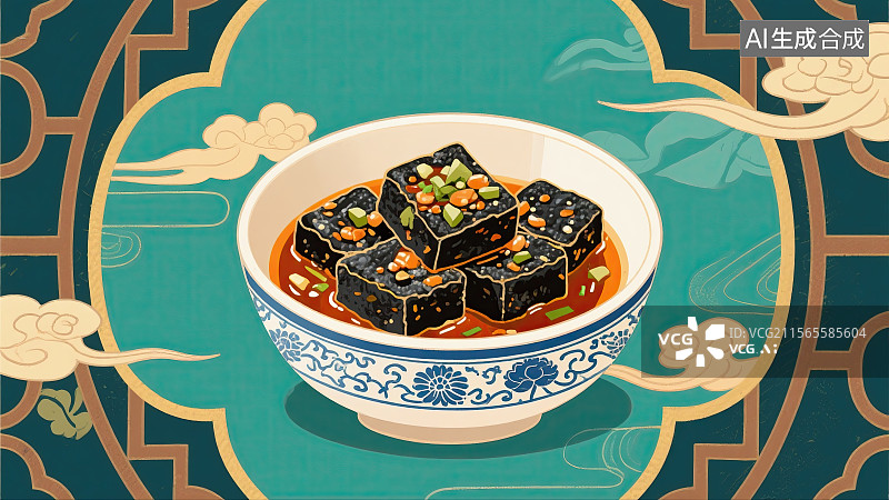 【AI数字艺术】中华美食，长沙臭豆腐，传统美食，古建筑，插画图片素材