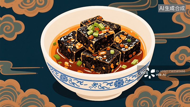 【AI数字艺术】中华美食，长沙臭豆腐，传统美食，古建筑，插画图片素材