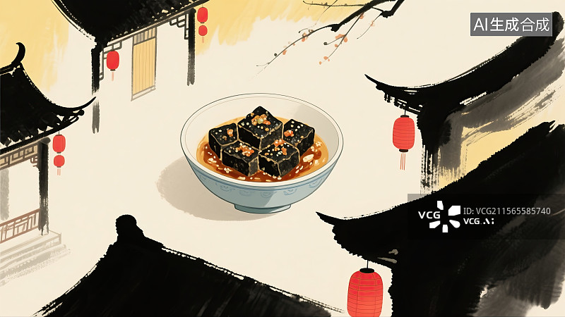 【AI数字艺术】中华美食，长沙臭豆腐，传统美食，古建筑，插画图片素材
