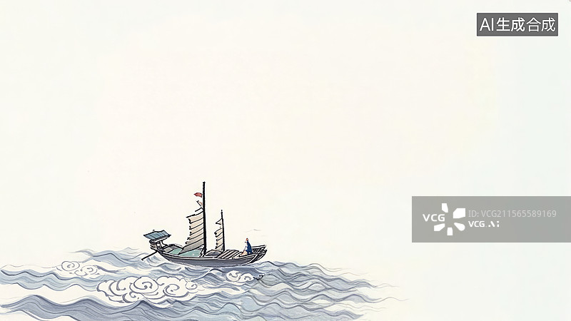 【AI数字艺术】水墨画左下1传统帆船在海上航行图片素材