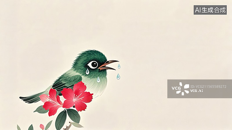 【AI数字艺术】水墨画左下1绿鸟栖息在红花上图片素材