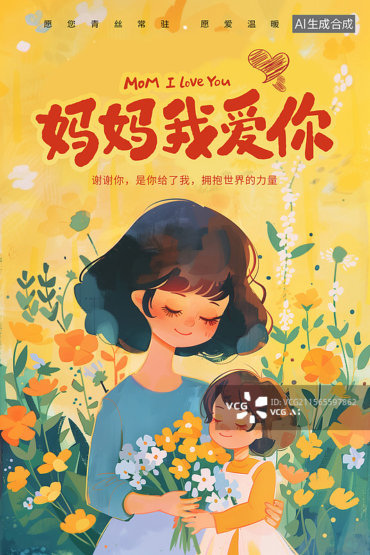 【AI数字艺术】2025传统节日母亲节海报模版 年轻妈妈和女儿站在花丛中 开满粉色鲜花 手绘肌理插画 竖版图片素材