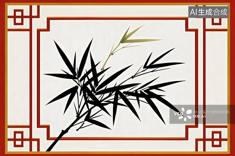 【AI数字艺术】中国风边框内的竹叶图案插画图片素材