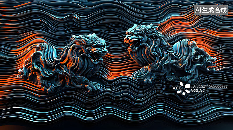 【AI数字艺术】威严的一对狮子图片素材